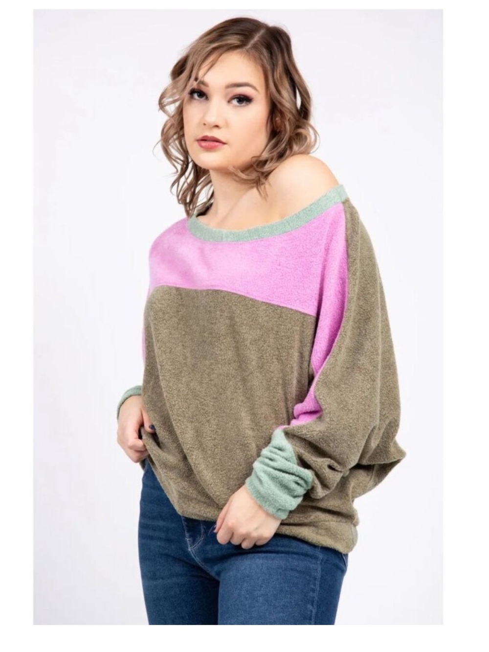 Free People Pink and Olive Off-the-Shoulder Colorblock Sweater